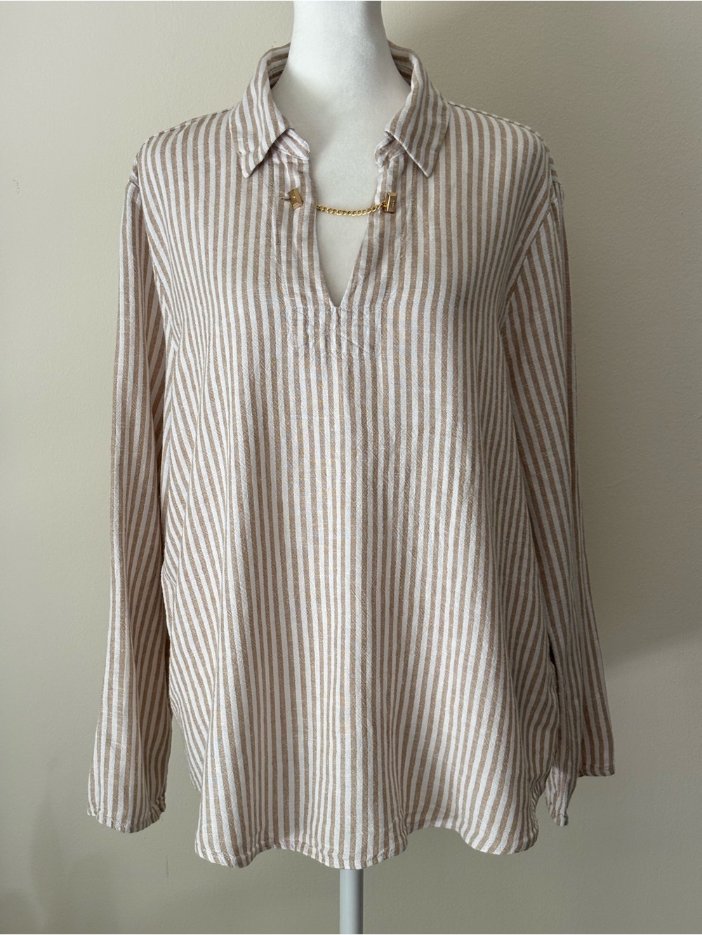 Michael Kors Beige and White Striped Tunic with Gold Chain Accent